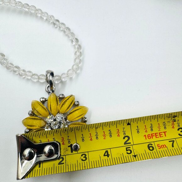 1990's Yellow Sunflower Pendant Necklace w/Clear Beads Shimmer Flaked Petals - Picture 10 of 13